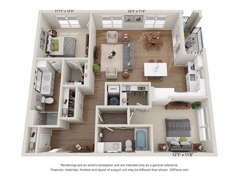 Floor plan for 2 beds, 2 baths, 1290 sqft